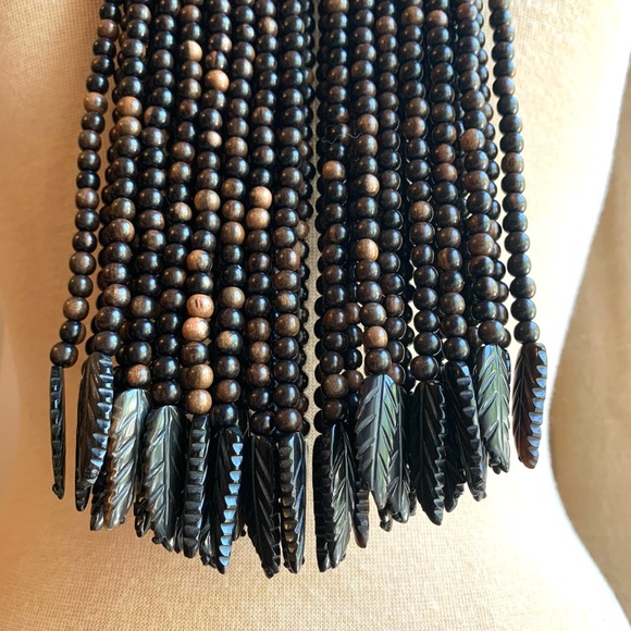 Sweet Olive Boho Horn, Wood and Leather Fringe Necklace w Horn Clasp - Picture 3 of 4